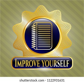  Gold emblem or badge with note book icon and Improve yourself text inside