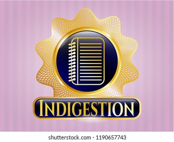  Gold emblem or badge with note book icon and Indigestion text inside
