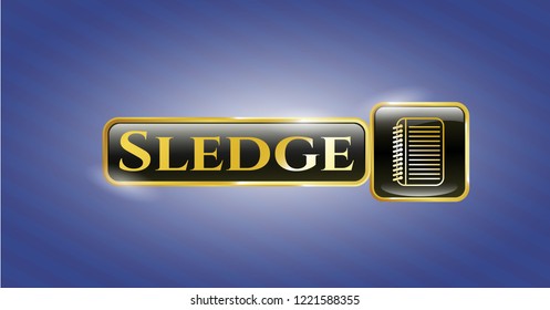  Gold emblem or badge with note book icon and Sledge text inside