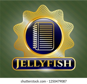  Gold emblem or badge with note book icon and Jellyfish text inside