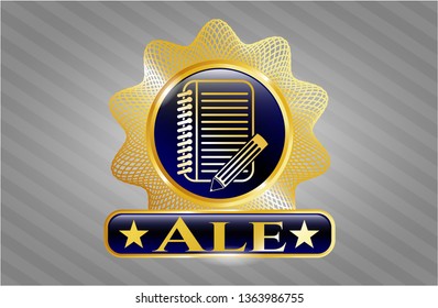  Gold emblem or badge with notebook with pencil icon and Ale text inside