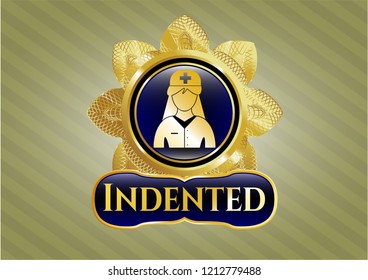  Gold emblem or badge with nurse icon and Indented text inside