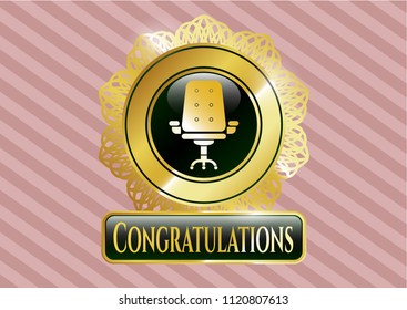  Gold emblem or badge with office chair icon and Congratulations text inside