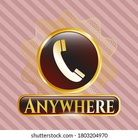 Gold emblem or badge with old phone icon and Anywhere text inside