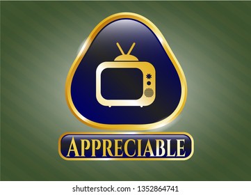  Gold emblem or badge with old tv, television icon and Appreciable text inside