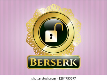  Gold emblem or badge with open lock icon and Berserk text inside