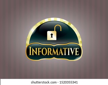  Gold emblem or badge with open lock icon and Informative text inside