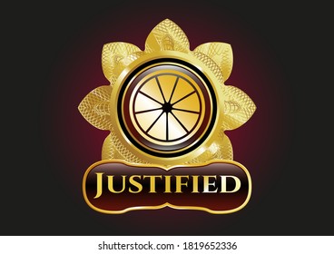 Gold emblem or badge with orange icon and Justified text inside