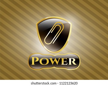  Gold emblem or badge with paper clip icon and Power text inside