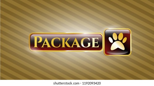  Gold emblem or badge with paw icon and Package text inside