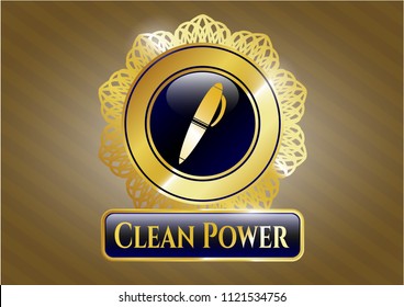  Gold emblem or badge with pen icon and Clean Power text inside
