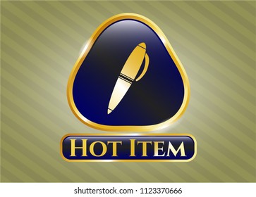  Gold emblem or badge with pen icon and Hot Item text inside