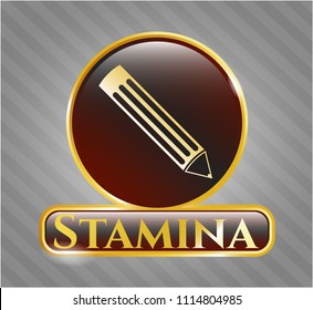  Gold emblem or badge with pencil icon and Stamina text inside