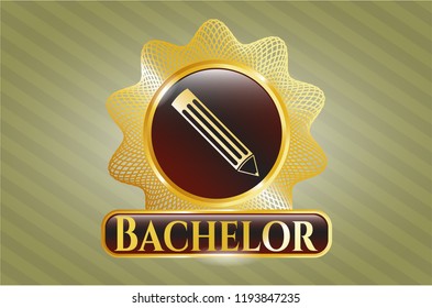  Gold emblem or badge with pencil icon and Bachelor text inside