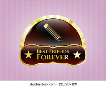  Gold emblem or badge with pencil icon and Best Friends Forever text inside