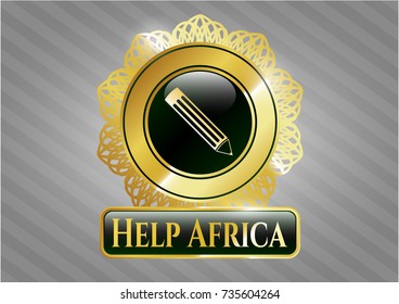  Gold emblem or badge with pencil icon and Help Africa text inside