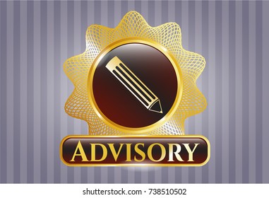  Gold emblem or badge with pencil icon and Advisory text inside