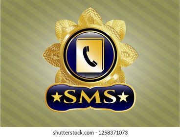  Gold emblem or badge with phonebook icon and SMS text inside