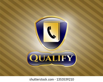  Gold emblem or badge with phonebook icon and Qualify text inside