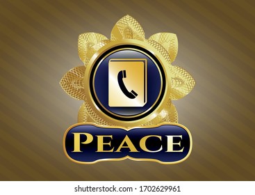 Gold emblem or badge with phonebook icon and Peace text inside