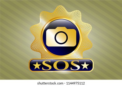  Gold Emblem Or Badge With Photo Camera Icon And SOS Text Inside