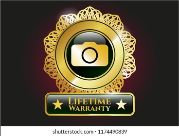  Gold emblem or badge with photo camera icon and Life Time Warranty text inside