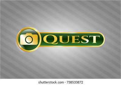  Gold emblem or badge with photo camera icon and Quest text inside
