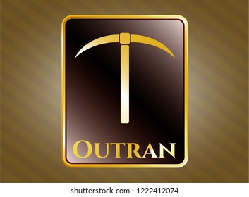  Gold emblem or badge with pickaxe icon and Outran text inside