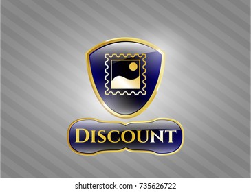  Gold emblem or badge with picture icon and Discount text inside