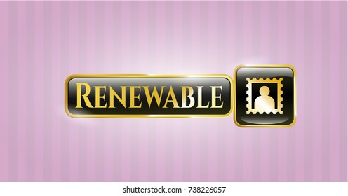  Gold emblem or badge with picture icon and Renewable text inside