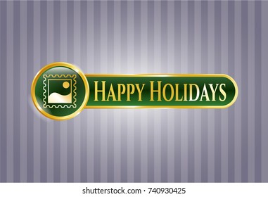  Gold emblem or badge with picture icon and Happy Holidays text inside