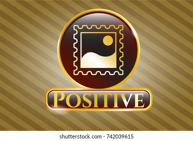  Gold emblem or badge with picture icon and Positive text inside