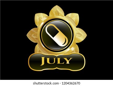  Gold emblem or badge with pill icon and July text inside
