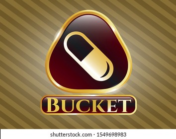  Gold emblem or badge with pill icon and Bucket text inside