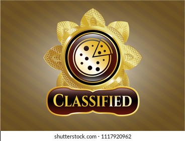  Gold emblem or badge with pizza icon and Classified text inside