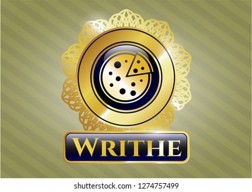  Gold emblem or badge with pizza icon and Writhe text inside