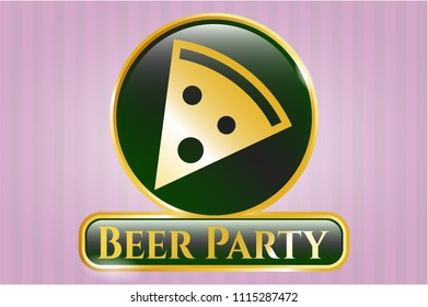  Gold emblem or badge with pizza slice icon and Beer Party text inside
