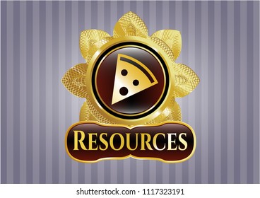  Gold emblem or badge with pizza slice icon and Resources text inside