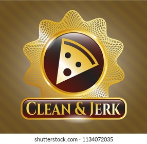  Gold emblem or badge with pizza slice icon and Clean & Jerk text inside