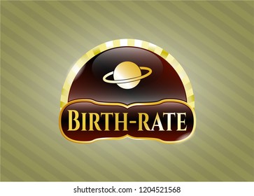  Gold emblem or badge with planet, saturn icon and Birth-rate text inside