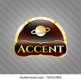  Gold emblem or badge with planet, saturn icon and Accent text inside