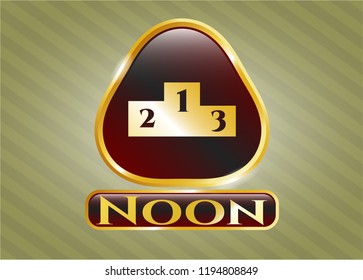  Gold emblem or badge with podium icon and Noon text inside
