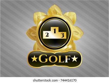  Gold emblem or badge with podium icon and Golf text inside