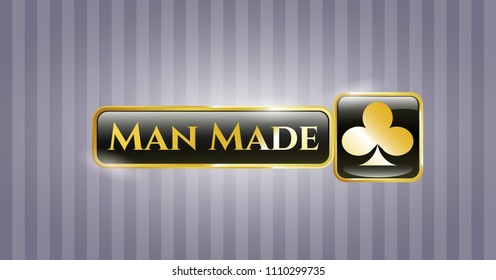   Gold emblem or badge with poker clover icon and Man Made text inside