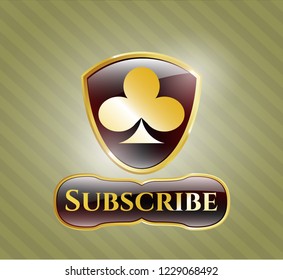  Gold emblem or badge with poker clover icon and Subscribe text inside