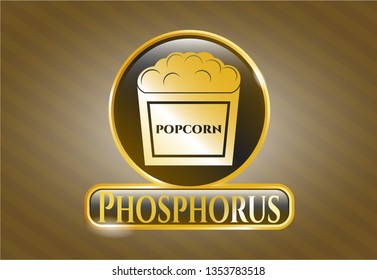  Gold emblem or badge with popcorn icon and Phosphorus text inside