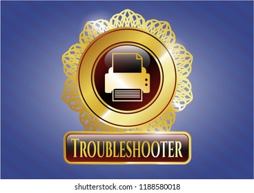  Gold emblem or badge with printer icon and Troubleshooter text inside