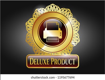  Gold emblem or badge with printer icon and Deluxe Product text inside