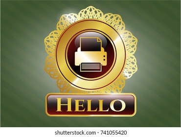  Gold emblem or badge with printer icon and Hello text inside