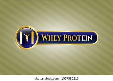  Gold emblem or badge with pull up icon and Whey Protein text inside